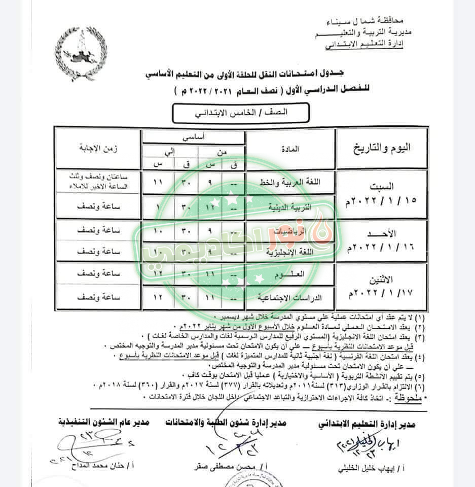 جدول إمتحانات الصف الخامس الإبتدائي ترم أول محافظة شمال سيناء