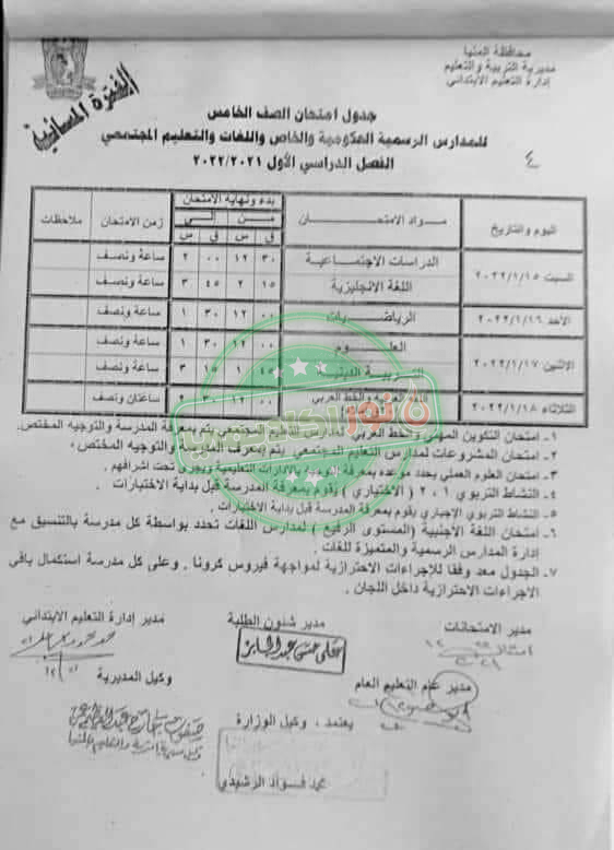 جدول إمتحانات الصف الخامس الإبتدائي ترم أول محافظة المنيا