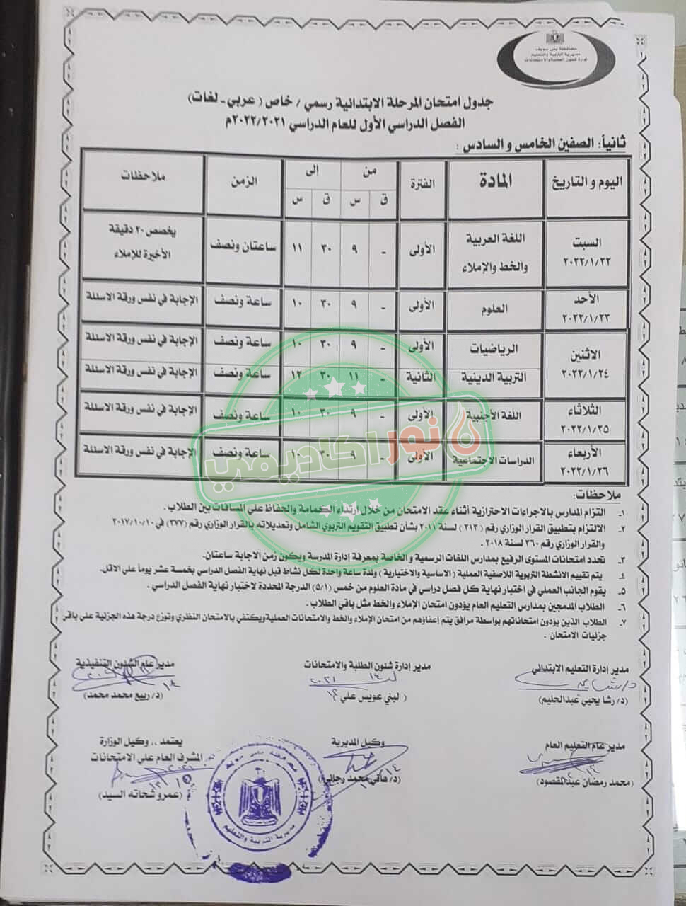 جدول إمتحانات الصف الخامس الإبتدائي نصف العام محافظة بنى سويف