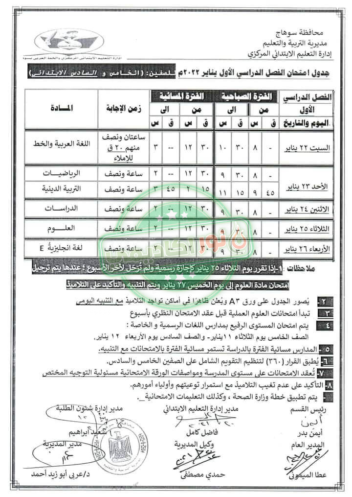 جدول إمتحانات الصف الخامس الإبتدائي نصف العام محافظة سوهاج