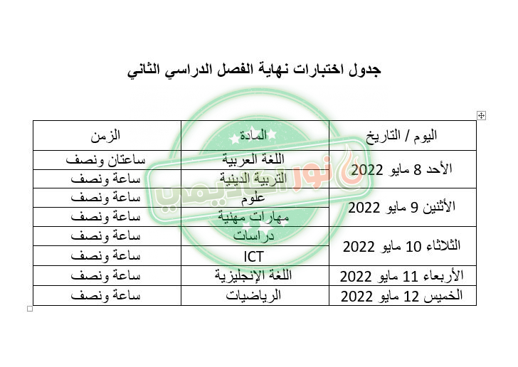 جدول امتحانات الصف الرابع الابتدائي الترم الثاني 2022